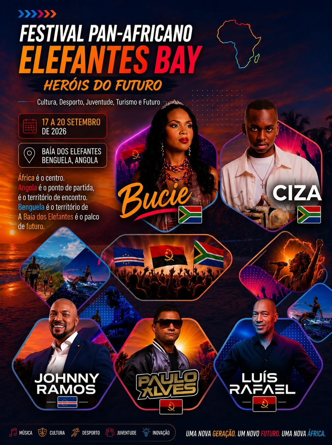 Cartaz principal dos artistas do Festival Pan-Africano ELEFANTES BAY